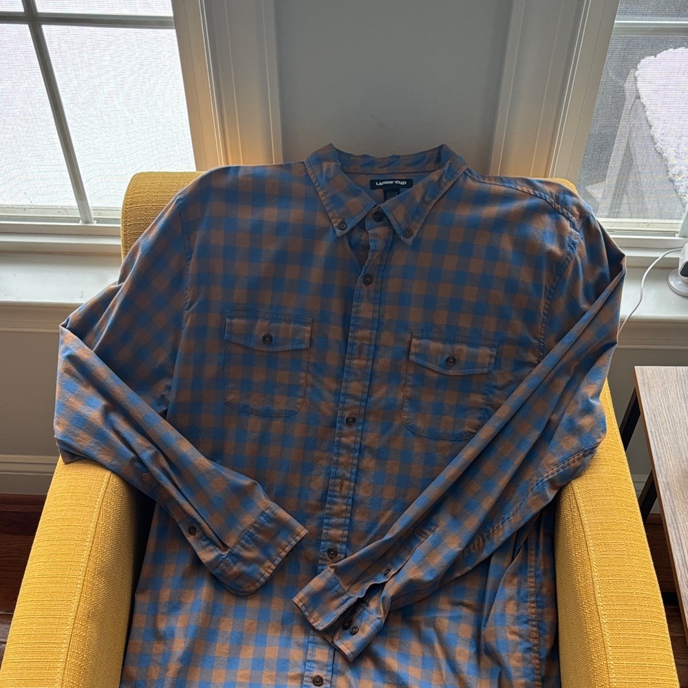 Lands' End Men's Blue and Brown Checkered Shirt